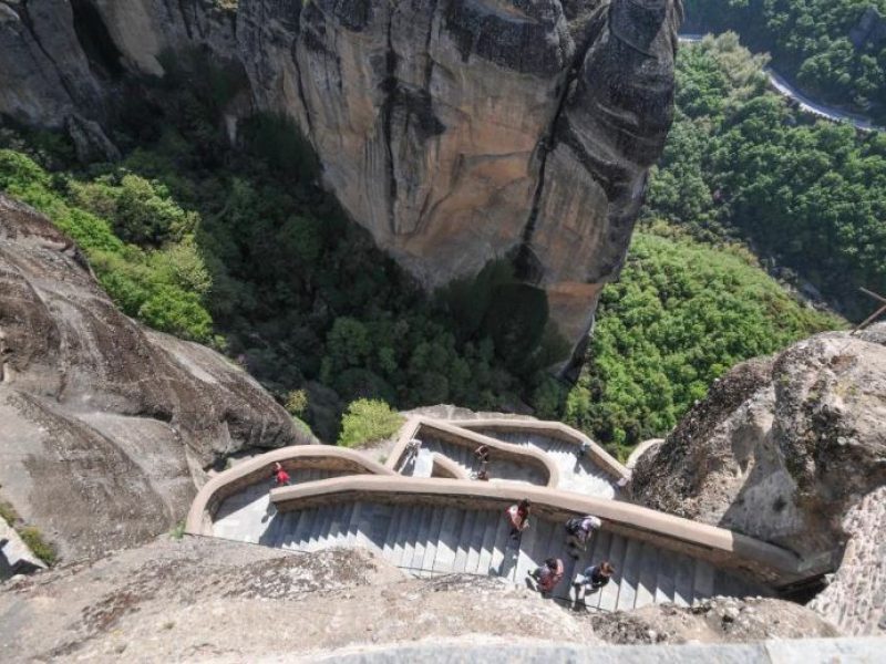 lookinf down as we climb the steps up to Great Meteoron Monastery